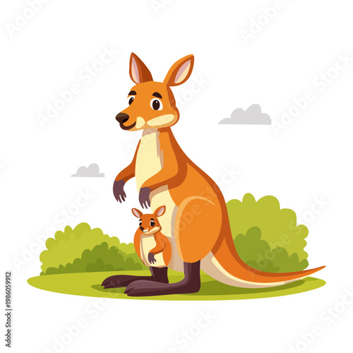 Konstfotografi Cute kangaroo mother with baby joey in her pouch standing in a sunny Australian