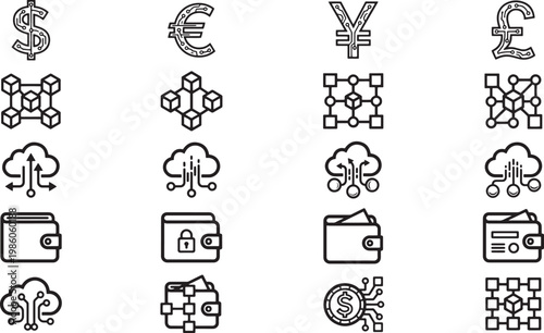 Diverse array of currency symbols and digital infrastructure, portraying a visual representation of the modern financial landscape.