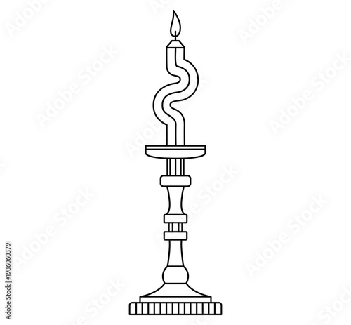 Hand drawn cute outline illustration of vintage candlestick. Flat vector burning decorative candle in holder line art doodle. Holiday evening icon. Candlelight dinner. Celebration event. Isolated.