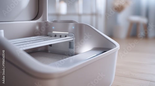 Modern automatic cat litter box with sifting mechanism in minimalist home interior