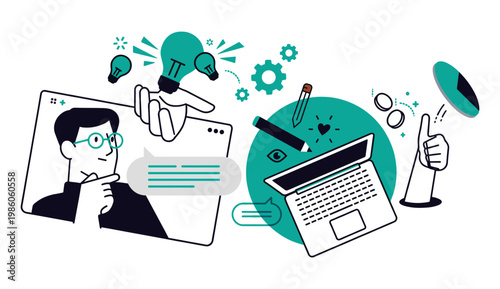 Digital workspace illustration showing creative thinking with laptop and lightbulb ideas for business and innovation business thinking creativity innovation computer technology brainstorming