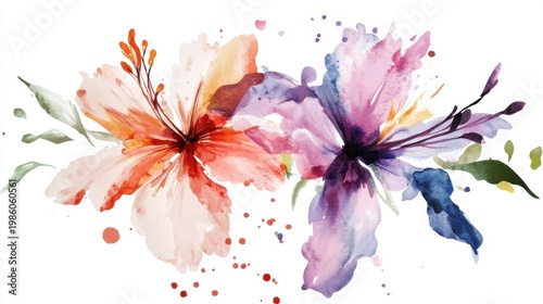 Vibrant watercolor flowers in bloom with leaves and splashes. Lotu a Tamaiti Holiday