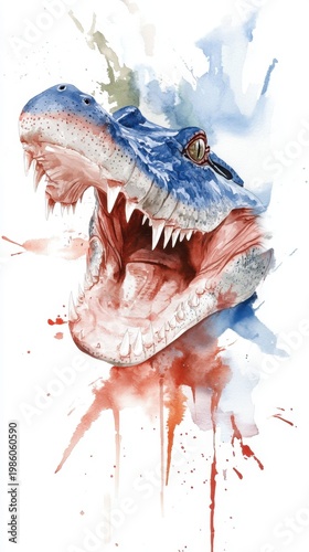 National Croc Day. Dynamic watercolor alligator portrait with splashes of blue and red