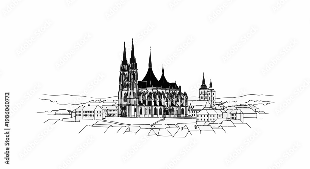 Fototapeta premium Black and white sketch of a large cathedral surrounded by houses and rolling hills