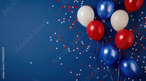 Patriotic celebration background with red, white, and blue balloons and confetti