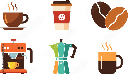 Coffee and beverage icon set featuring cup takeaway espresso machine moka pot beans and hot drink symbols