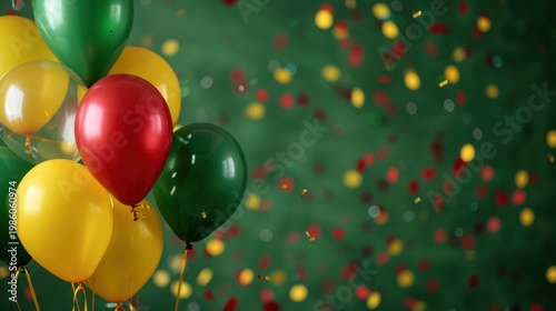 Festive balloons and colorful confetti on a green background National Give a Bunch of Balloons Month