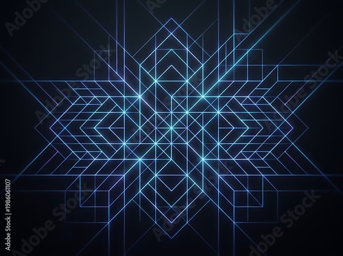 Neon blue geometric pattern with intersecting lines and shapes forming a symmetrical design on a dark background