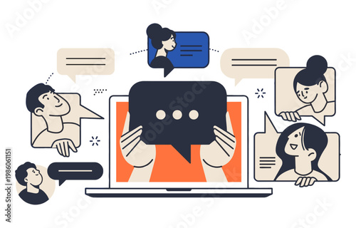 Laptop screen showing online chat with people connected virtually online communication social media flat design real time connection technology conversation dialogue collaboration discussion
