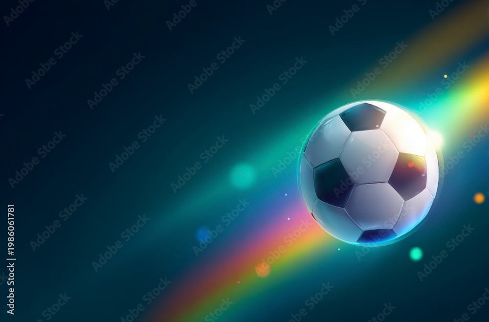 Naklejka premium A black and white soccer ball moves swiftly against a background of dynamic, colorful light trails. It symbolizes the thrilling energy for World Cup 2026 in Mexico, USA, and Canada.
