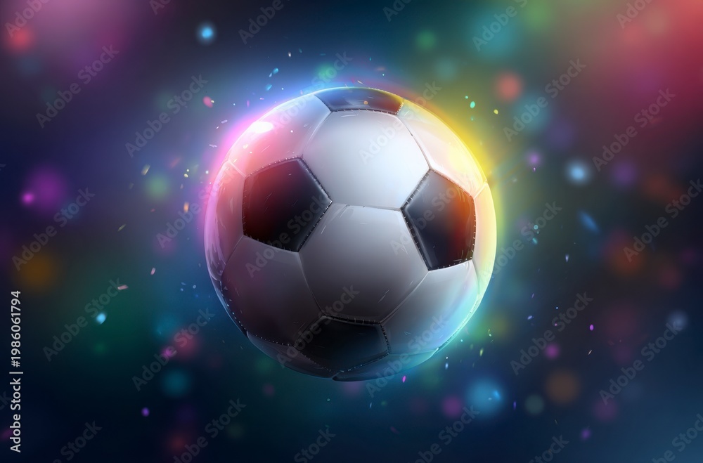 Naklejka premium A black and white soccer ball moves swiftly against a background of dynamic, colorful light trails. It symbolizes the thrilling energy for World Cup 2026 in Mexico, USA, and Canada.