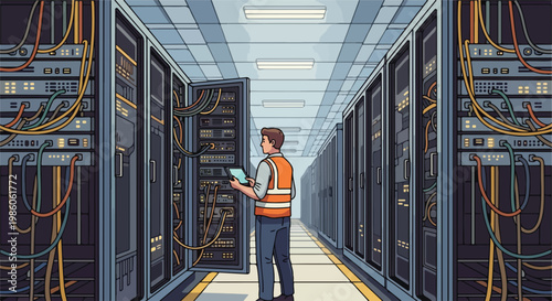 Technician in safety vest inspecting server equipment in a data center facility