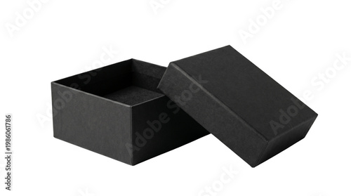 Open Blank Black Square Gift Box Isolated on Transparent Background, Png.
