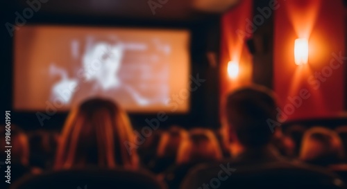 A blurred image depicts a cinema with a large screen showing a bright indistinct film and seated audience members