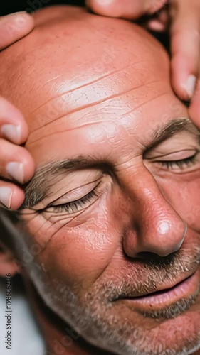 Mature man receiving relaxing head and temple massage at a spa for stress relief and wellness therapy with his eyes closed