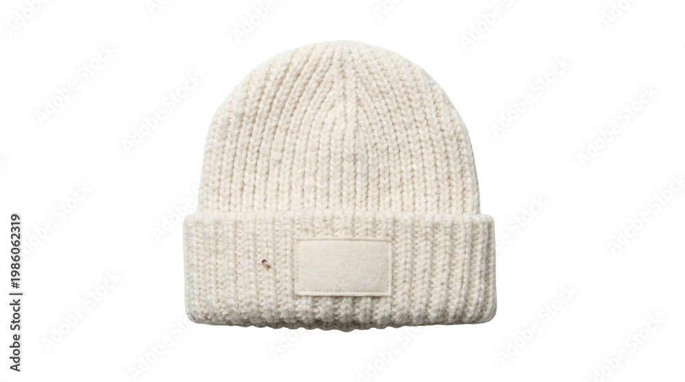 Fototapeta premium White Knit Beanie Hat with Blank Label Patch Isolated on Transparent Background, Png.