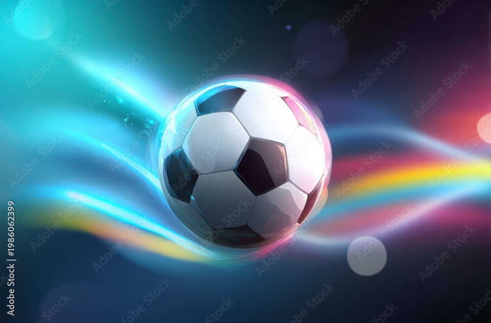 Naklejka premium A black and white soccer ball moves swiftly against a background of dynamic, colorful light trails. It symbolizes the thrilling energy for World Cup 2026 in Mexico, USA, and Canada.