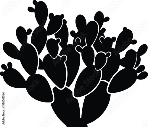 Black silhouette of a prickly pear cactus with many pads and spines