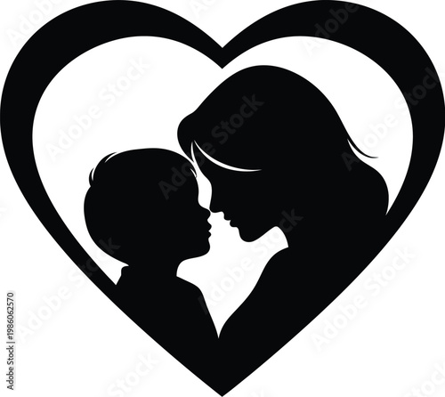 Elegant black silhouette of woman and infant inside minimal simple shape.