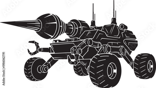Futuristic Off-Road Vehicle, Space Buggy, Black and White Illustration, Vector Graphic