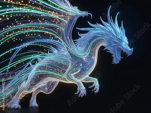 Fantasy Dragon Formed by Flowing Data Streams