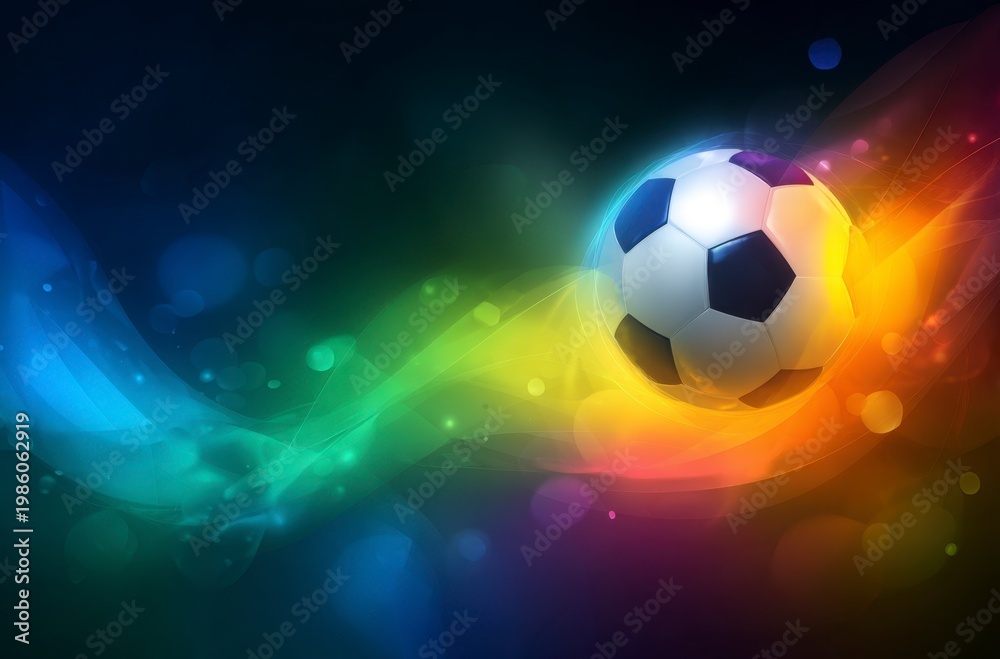 Naklejka premium A black and white soccer ball moves swiftly against a background of dynamic, colorful light trails. It symbolizes the thrilling energy for World Cup 2026 in Mexico, USA, and Canada.