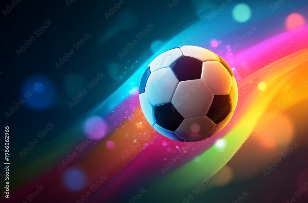 Naklejka premium A black and white soccer ball moves swiftly against a background of dynamic, colorful light trails. It symbolizes the thrilling energy for World Cup 2026 in Mexico, USA, and Canada.