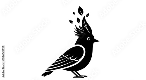 A cute vector illustration of a black bird of paradise silhouette with a sharp beak perched on a winter tree branch in a minimalist nature art design