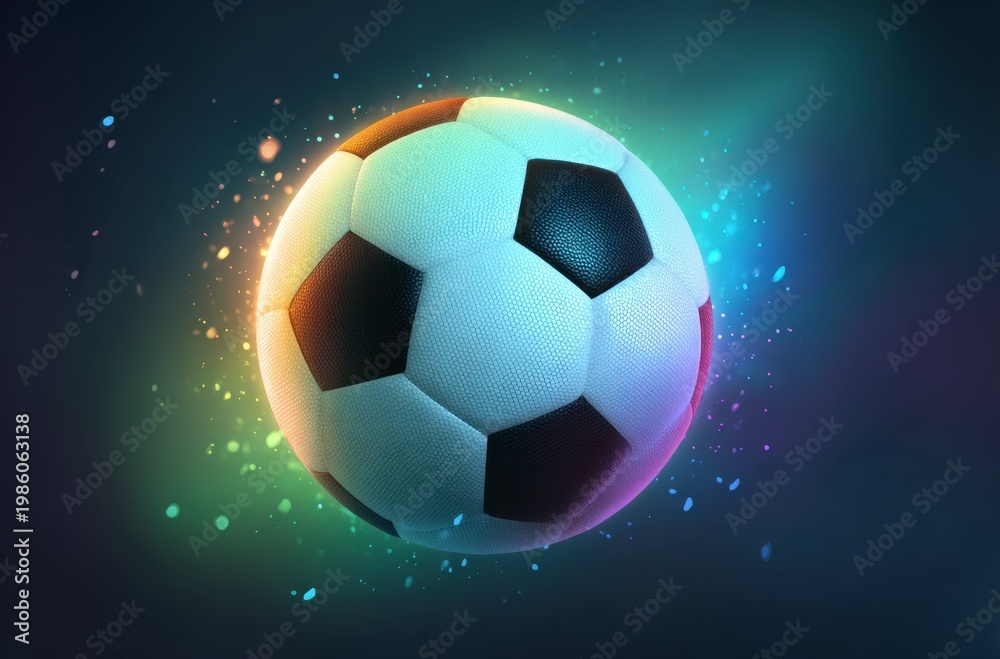 Naklejka premium A black and white soccer ball moves swiftly against a background of dynamic, colorful light trails. It symbolizes the thrilling energy for World Cup 2026 in Mexico, USA, and Canada.