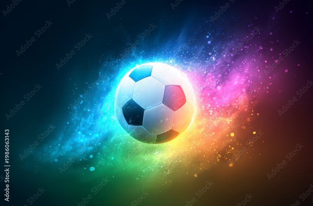 Naklejka premium A black and white soccer ball moves swiftly against a background of dynamic, colorful light trails. It symbolizes the thrilling energy for World Cup 2026 in Mexico, USA, and Canada.