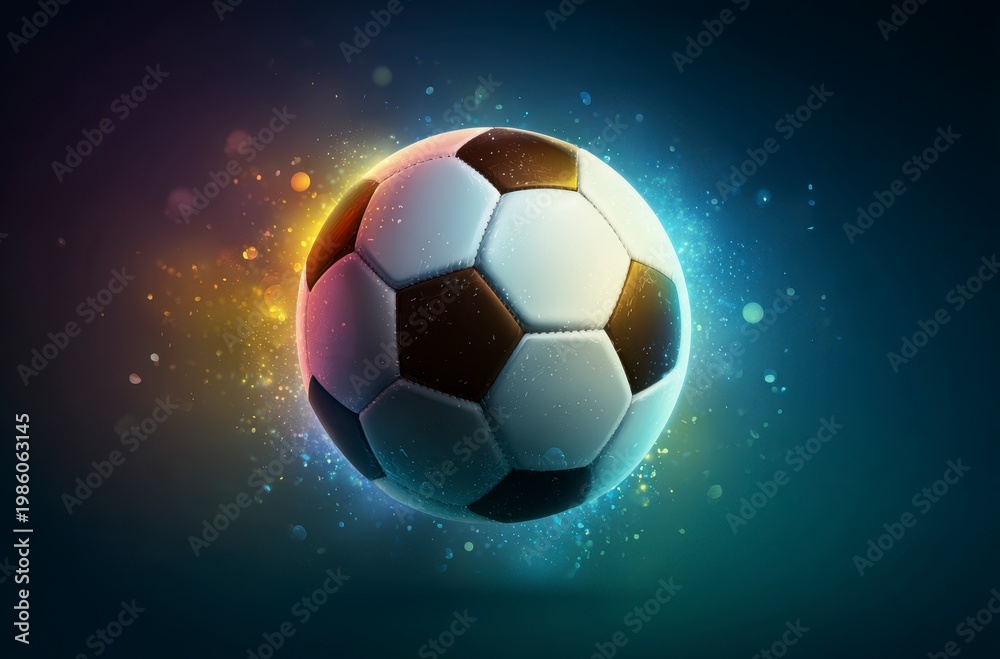Fototapeta premium A black and white soccer ball moves swiftly against a background of dynamic, colorful light trails. It symbolizes the thrilling energy for World Cup 2026 in Mexico, USA, and Canada.