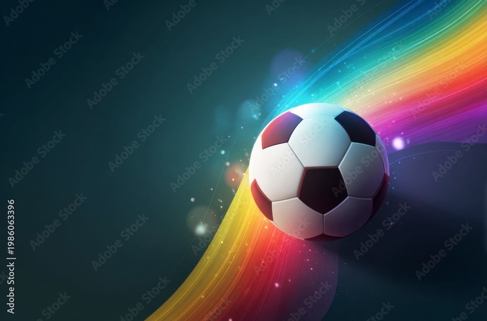 Naklejka premium A black and white soccer ball moves swiftly against a background of dynamic, colorful light trails. It symbolizes the thrilling energy for World Cup 2026 in Mexico, USA, and Canada.