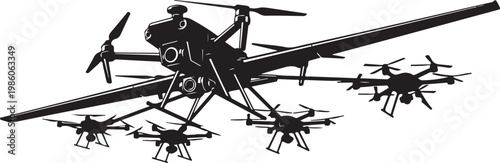 Drone, black drone, vector drone, flying drone, aircraft, silhouette