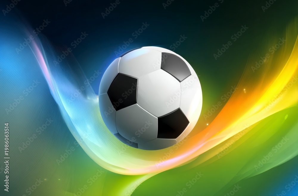 Naklejka premium A black and white soccer ball moves swiftly against a background of dynamic, colorful light trails. It symbolizes the thrilling energy for World Cup 2026 in Mexico, USA, and Canada.