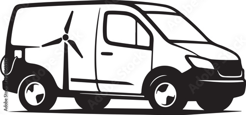 Electric van, eco friendly vehicle, wind turbine, black and white icon, vector graphic