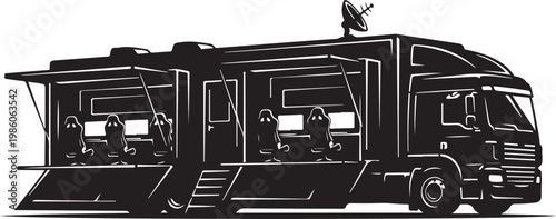 Motorhome, RV, camper van, recreational vehicle, travel trailer, black, vector illustration