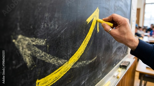Hand holding yellow chalk drawing upward arrow on blackboard in classroom with students in background  education and growth concept