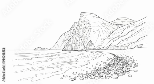 Textured seaside cliff face with calm ocean waves and a pebble-strewn shore