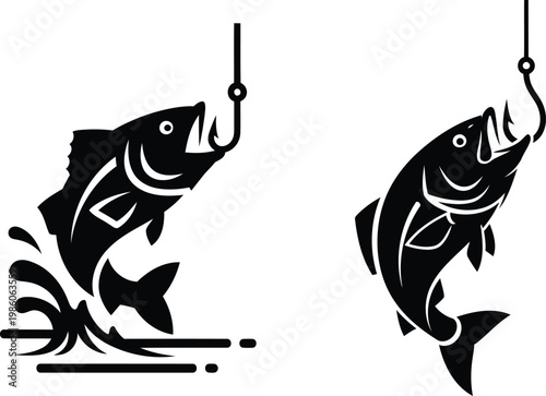 two fish caught on fishing hooks jumping out of water