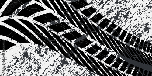 Grunge tire track, wheel braking marks. Truck, car or motorcycle tread pattern silhouette. Auto race, motorsport, speed racing design element.