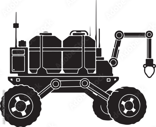 Black, robotic lunar rover, space exploration vehicle, vector illustration