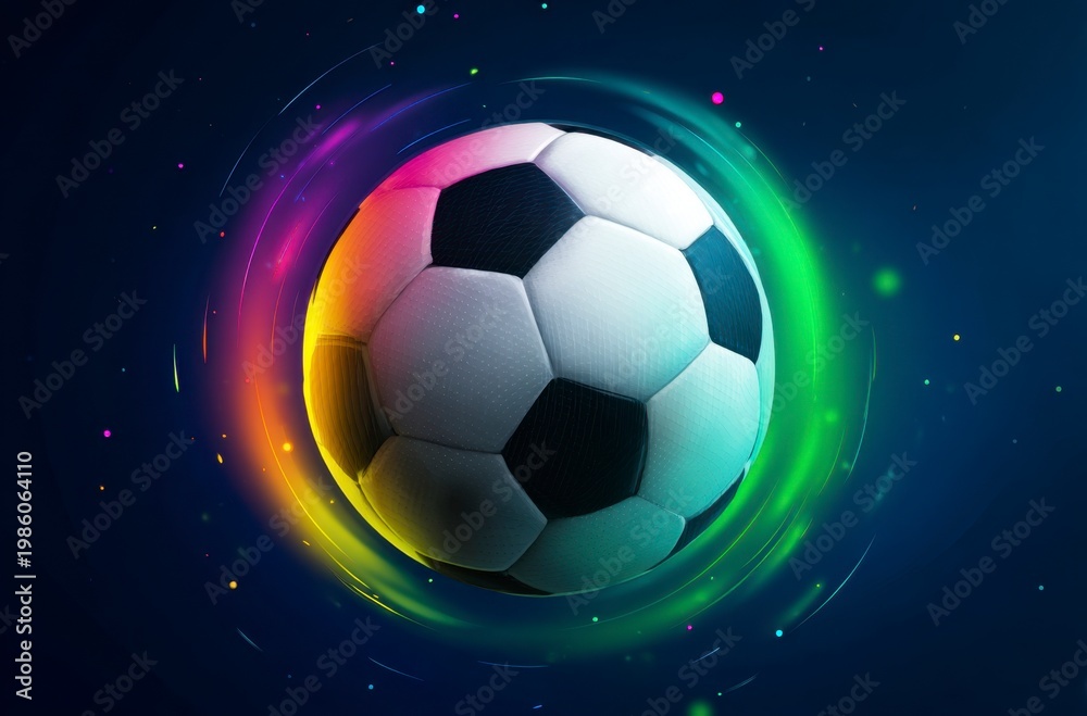 Naklejka premium A black and white soccer ball moves swiftly against a background of dynamic, colorful light trails. It symbolizes the thrilling energy for World Cup 2026 in Mexico, USA, and Canada.