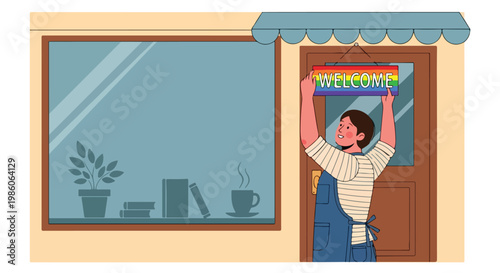 A shopkeeper hangs a colorful rainbow welcome sign on the front door of a cafe
