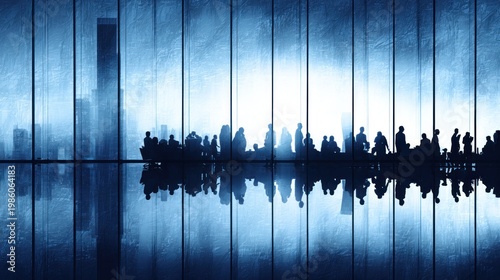 Silhouetted figures gather near expansive windows overlooking a metropolitan skyline during a bright time.