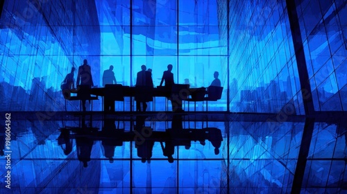 Silhouetted figures conduct a late-night meeting within a modern structure illuminated by intense blue light