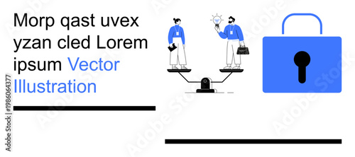 Cybersecurity, data privacy, teamwork, collaboration, technology, digital safety. Two individuals balancing scales and a camera, with a prominent lock icon. Cybersecurity and data privacy emphasis