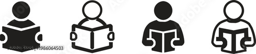 Minimalist reading person icon set, black and white student book reader vector symbols, library and education user interface elements