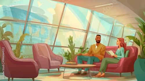 Professional colleagues converse comfortably within a bright, modern lounge area featuring large windows.