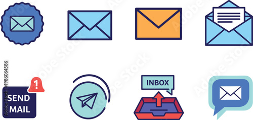 Email communication icon set featuring envelopes inbox send mail notification message paper plane and chat symbols collection