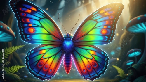 A vibrant butterfly with colorful wings is flying in a magical forest with mushrooms and ferns